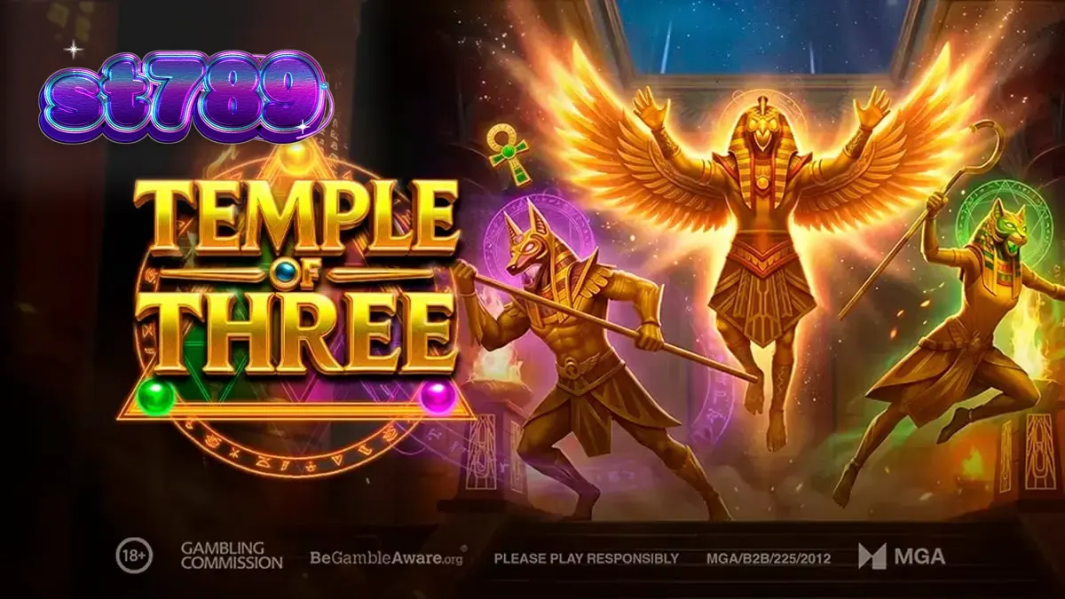 Tampilan visual slot Temple of Three dengan latar belakang kuil Mesir kuno