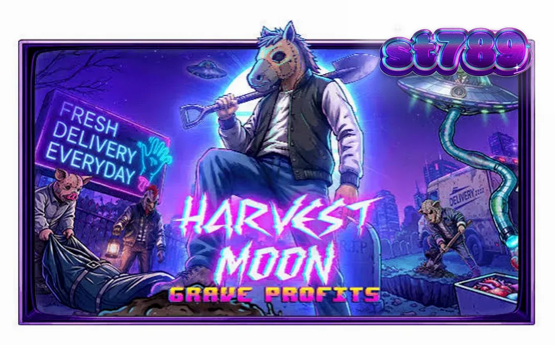 Harvest Moon Grave Profits slot machine interface featuring dark sci-fi and horror elements